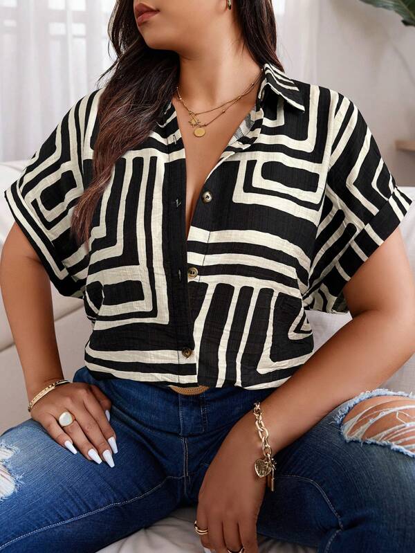 Weeklong Plus Size Allover Floral Print Casual Short Sleeve Shirt, Summer