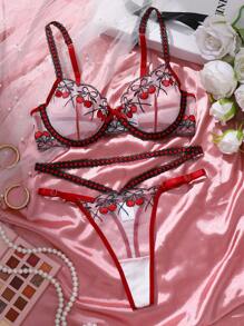 SHEIN 2件套女士性感透明刺绣内衣套装 - 黑色 - 查看 3