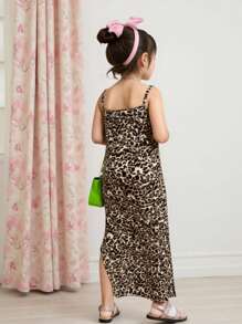 SHEIN 复古豹纹美亚德色调少女休闲时尚针织吊带连衣裙适合夏季