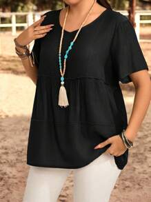 EMERY ROSE Plus Size Solid Color Round Neck Short Sleeve Casual Shirt, Summer Bohemian Clothes Suitable For Spring And Summer Boho Tops For Women Tiered Summer Top Women Summer Blouse Top - Black - View 6