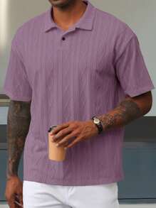 Manfinity Homme Men's Casual Vacation Style, Featuring An INS-Inspired Geometric Diamond-Textured Jacquard Knit Short-Sleeve Polo Shirt. Perfect For Music Festivals, Hawaii Beach Getaways - Purple - View 4