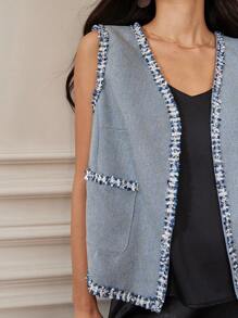 Dazy-Less Women Summer Commuting Waistcoat Contrast Splice Frayed Edge Plaid Texture Cardigan Vest,Fall Clothes Women Jacket - Blue - View 3
