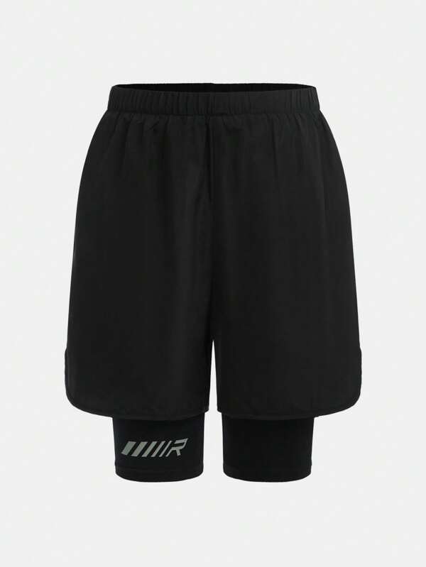 SHEIN Tween Boys' Anti-Flasher Knit Shorts With Woven Printed Pattern, Casual Sports Shorts