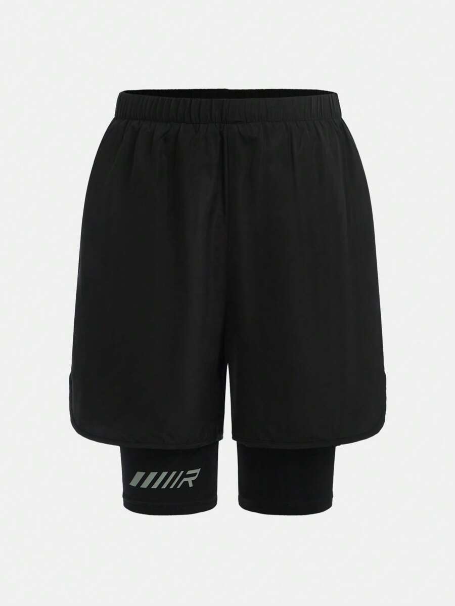 SHEIN Tween Boys' Anti-Flasher Knit Shorts With Woven Printed Pattern, Casual Sports Shorts - Black - View 1