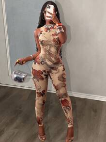 Slaydiva New Spring And Summer Casual Street Sexy Small Stand-Up Collar Sleeveless Slim Trousers With Full Apricot Bottom Rose Dragon Print Mesh Print Women's Tight Jumpsuit-B