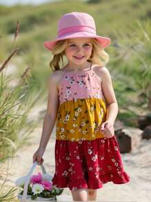SHEIN Gaun Bayi Perempuan Longgar Kasual Sederhana Nyaman Manis Imut Motif Bunga Patchwork - Berwarna merah muda - View 1
