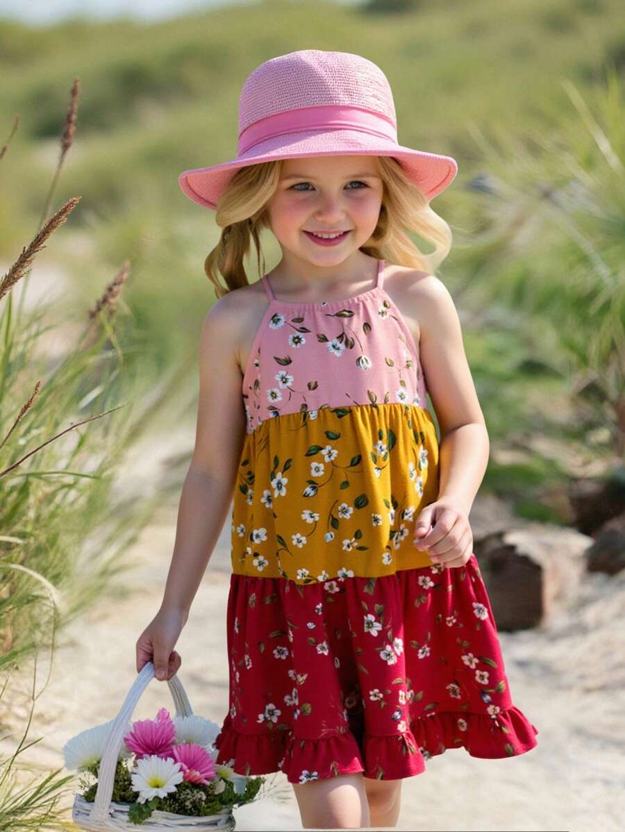 SHEIN Gaun Bayi Perempuan Longgar Kasual Sederhana Nyaman Manis Imut Motif Bunga Patchwork - Berwarna merah muda - View 1