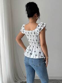 Elenzga 波西米亚风蝴蝶印花多层荷叶边露背女式衬衫，春夏 - 白色 - 查看 2