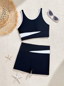 Ensemble de maillot de bain tankini à col rond volant pour préadolescentes