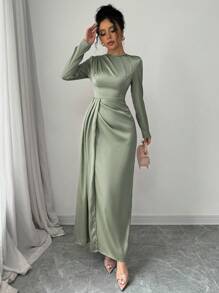Elenzga Vestido largo de mujer elegante de satén liso con hombros fruncidos, manga larga y abertura lateral - Atuendo de mujer