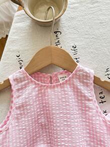 SHEIN LMoss Kids 女婴夏季可爱粉色和白色格子荷叶边背心和宽松松紧腰长裤两件套 - 粉色 - 查看 4