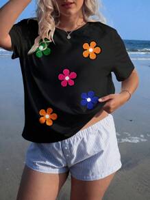 SHEIN EZwear 加大码加大码3D花卉贴花刺绣蝙蝠袖T恤，适合海滩度假