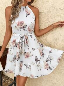 SHEIN Clasi Floral Print Elastic Waist Ruffle Hem Dress Summer Dress Summer Beach Outfits For Woman Floral Halterneck Dress Summer Dresses For Women Sun Dresses For Women Fairycore Beach Outfits For Woman Graduation Dresses For Women Graduation Outfit Drop Waist Dress Boho Country Boho Women Clothing