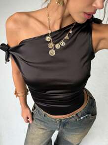 Aloruh Women's Summer Asymmetric Neck Ruffle Slim Fit Blouse