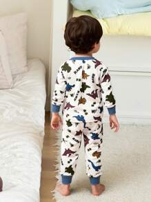 Cozy Pixies 2 件套男婴卡通恐龙印花针织柔软圆领长袖上衣和松紧腰长裤舒适睡衣套装 - 彩色 - 查看 2