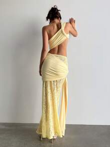 Aloruh Abito mini sexy con vita in pizzo giallo e inserti in pizzo, senza maniche, per donna