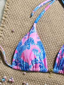 Swim Mod Tropical Summer Beach Random Shell Print Gold Sexy Halter Triangle Cup Swimsuit Top - Multicolor - View 3