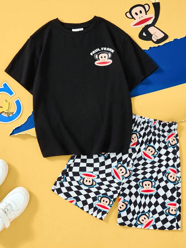 Paul Frank X SHEIN Tween Boy Cartoon Monkey Print Black Casual Versatile Short Sleeve T-Shirt And Black White Plaid Shorts Set