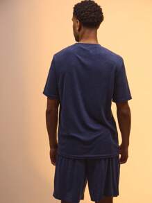 Musero Camiseta de manga corta de estilo casual y relajado con bordado "M" en toalla para vacaciones de verano - Azul Marino - Ver 3