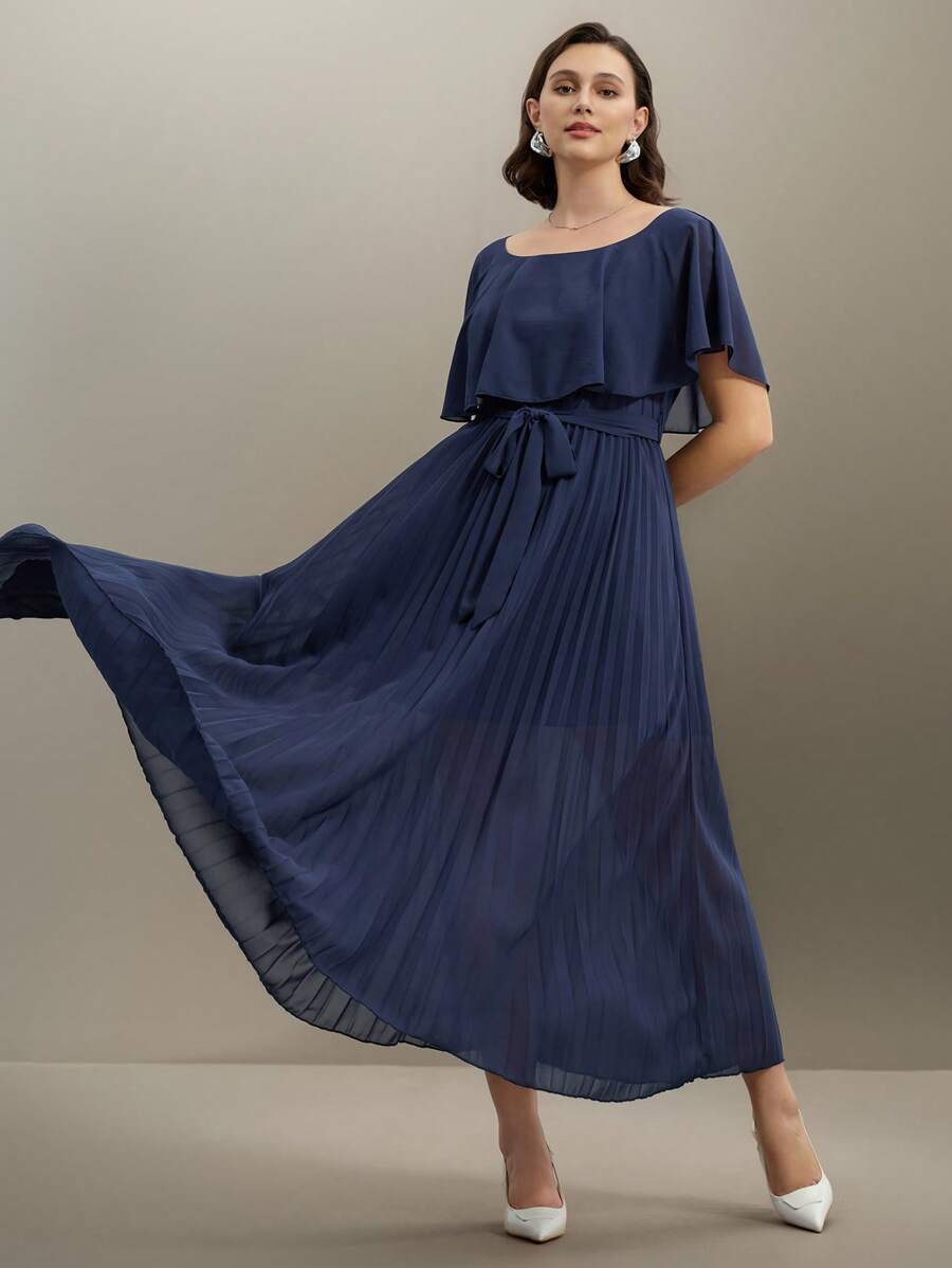 SHEIN Clasi Đầm dự tiệc lãng mạn cổ chữ V thanh lịch tay ngắn xếp nếp thắt eo cỡ lớn cho nữ, mùa xuân/hè - Xanh đậm - Xem 1
