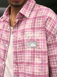 AXEPEAK Áo sơ mi kẻ caro in kỹ thuật số cổ bẻ tay ngắn, dáng rộng, nhiều kích cỡ, phong cách đường phố, dành cho nam, phong cách Emo - Hồng - Xem 5