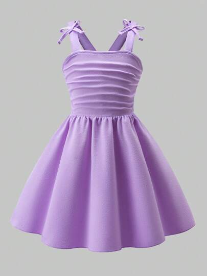 Elladie kids Young Girl' Elegant Solid Color 3D Bow Ruched Shoulder Strap Sundress, Suitable For Outings, Parties, Spring & Summer Party Dresses For Teen Cute Dresses For Teens Prom Dresses For Girls 9 To 12 Party Dress For Teens Spring Dresses For Teens