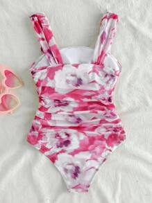 SHEIN Traje de baño de una pieza con estampado floral y fruncido de tul para niña preadolescente, lindo y adecuado para primavera y verano