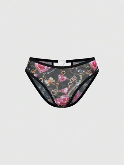 J-Fashion Y2K Subculture Gyaru Diamond Studded Heart Chain Mesh Print Triangle Brief Panties