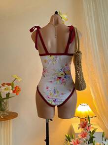 SHEIN MOD Adjustable Shoulder Strap Splicing Color Block Floral Print One-Piece Swimsuit,Island Vacation,Hawaiian ,Beach One Piece - Multicolor - View 2