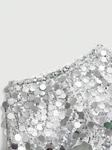 ROMWE Grunge Punk 女士性感超低腰亮片迷你短裤，适合夏季海滩、毕业典礼、复活节、音乐会、纳什维尔度假、舞会、街头朋克风格 - 銀色 - 查看 4