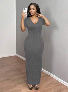 SHEIN SXY 女式纯色 V 领修身短袖连衣裙 Hoco Dresses - 深灰色 - 查看 4