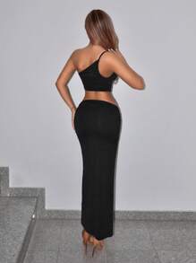SHEIN ICON Women's Solid Color Asymmetric Neckline Hollow-Out Sleeveless Dress - Black - View 2