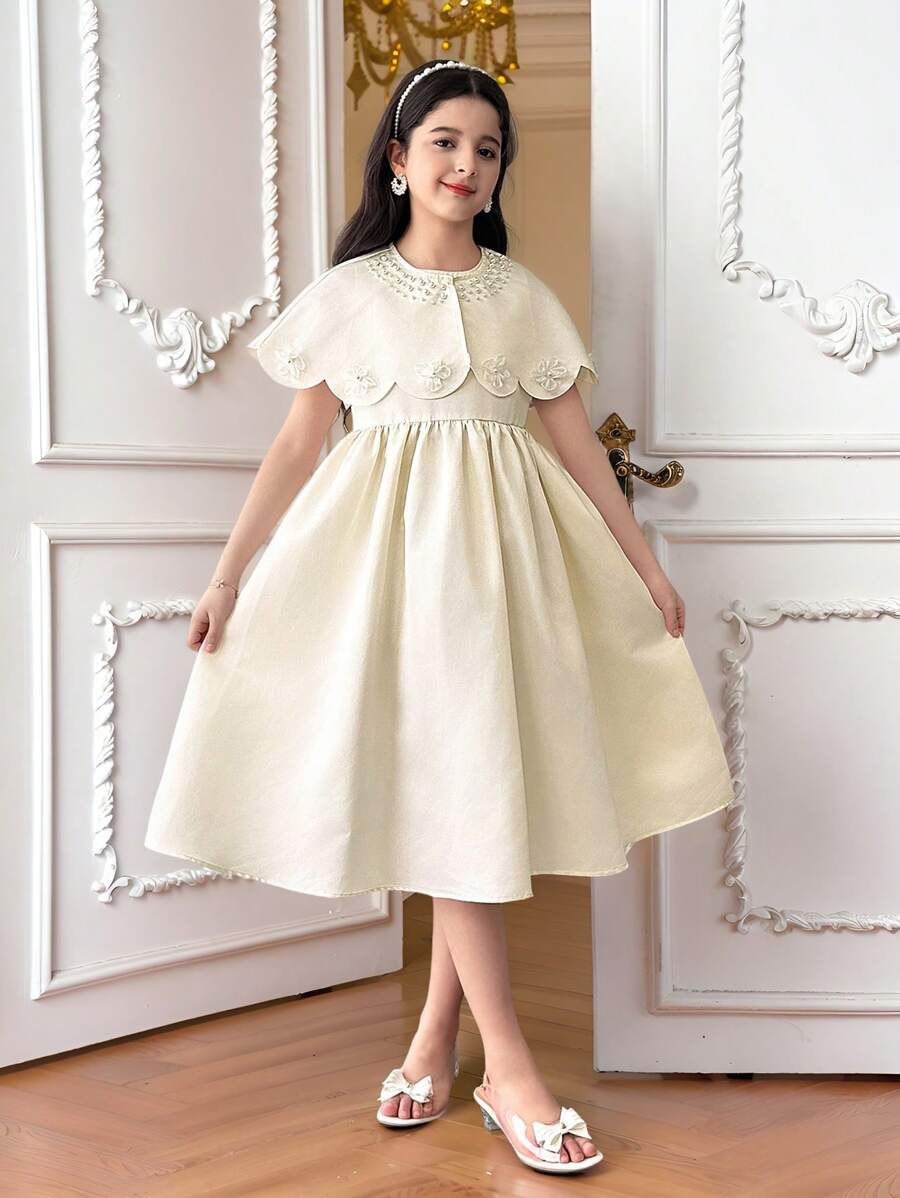 SHEIN Tween Girl Crew Neck Cape Pearl Beading Jacket & Elegant High Waist Long Dress 2Pcs Set, Sweet Princess Dress - Apricot - View 1