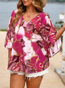 SHEIN VCAY Plus Size Multi-Color Asymmetrical Pattern Shirt, Fashionable For Summer - Hot Pink - View 6