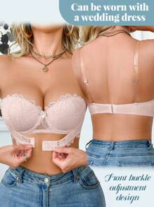 1pc Lace Patchwork Strapless Push Up Bra, Anti-Slip & Anti-Drop, Small Bust Enhancing, Underwire, Comes With Invisible Shoulder Straps - Pink - View 8