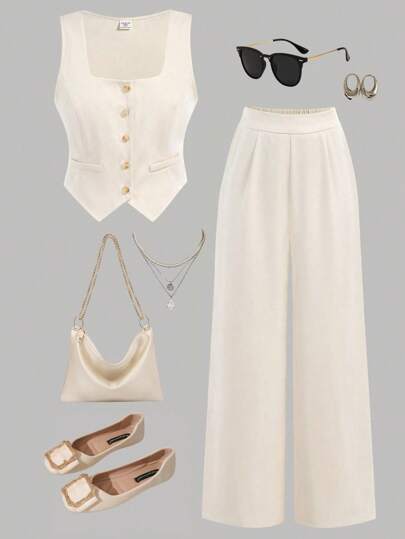 Girlism 少女春夏休闲/日常通勤优雅卡其色西装外套+宽松阔腿裤两件套，休闲日常两件套，女童套装，亲子装，校服/毕业礼服