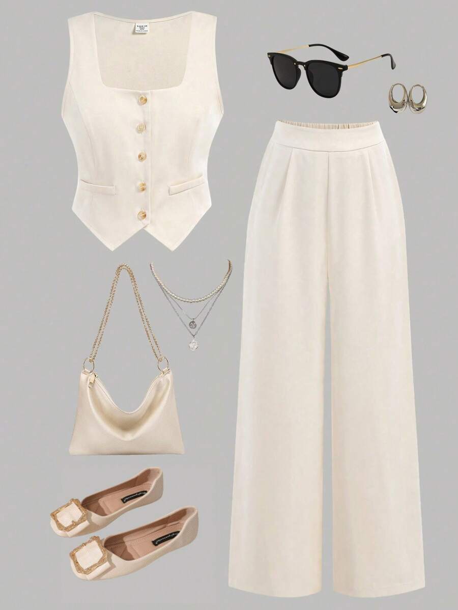 Girlism Conjunto de 2 piezas de chaqueta tipo blazer elegante color caqui y pantalón ancho holgado para niña adolescente, uso diario/casual de primavera/verano. Conjuntos de ropa casual diaria para niñas, ropa de mamá e hija, ropa escolar.