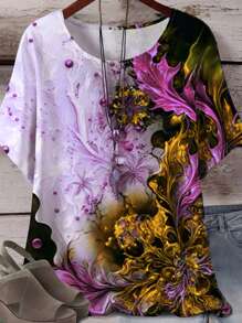 EMERY ROSE 大码花卉印花 T 恤，春夏季休闲短袖上衣，女士大码服装图案 T 恤女式上衣