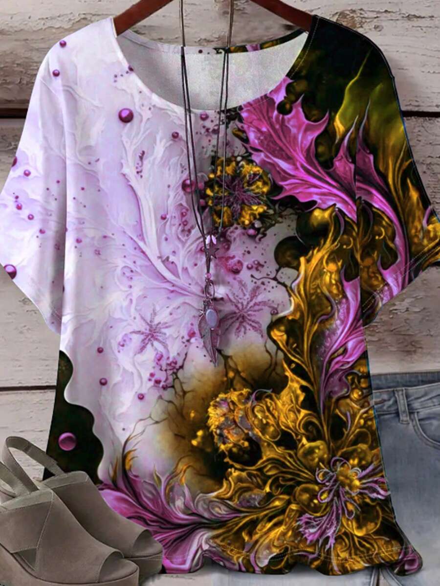 EMERY ROSE 大码花卉印花 T 恤，春夏季休闲短袖上衣，女士大码服装图案 T 恤女式上衣