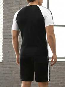 Manfinity VCAY 2 件套男士夏季休闲针织短袖 T 恤和松紧腰直筒短裤套装，宽松版型，男友装，毕业礼物，健身必备，肌肉型 - 黑色 - 查看 4