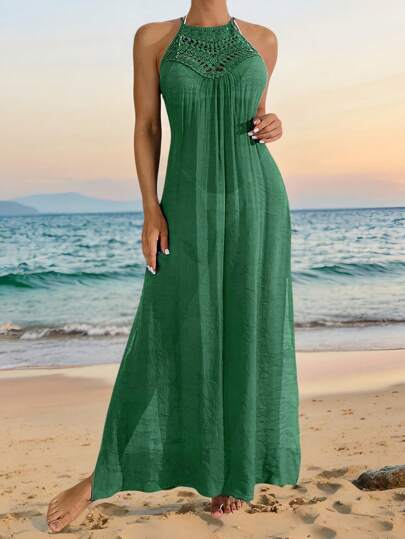 Swim Basics Women Crew Neck Sleeveless Hollow-Out Casual Sheer Long Cover Up For Summer Beach Vacation