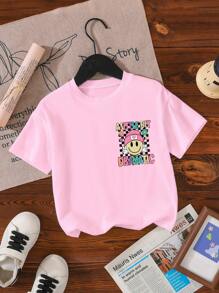 SHEIN Baby Girls' Casual Fashion Comfortable Minimalist Colorful Checkered & Letter Print Short Sleeve T-Shirt, Spring/Summer - Pink - View 4