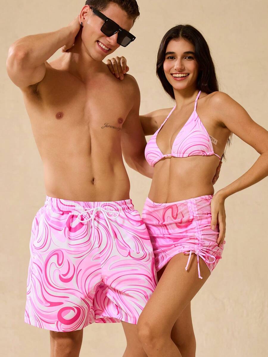 Manfinity VDAYZ Men's Summer Tie Dye Print Drawstring Waist Beach Shorts - Baby Pink - View 1