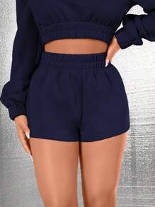 SHEIN SXY Knitted Elastic Waisted Shorts - Navy Blue - View 6