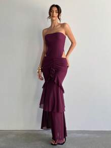 Aloruh Vestido elegante e sexy com decote halter, costas nuas, recortes e bainha com babados, magenta, para sair - Violeta - Visão 2