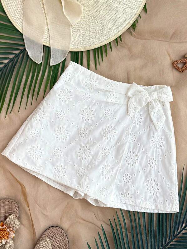 SHEIN Teen Girls White Solid Embroidered Floral 2 In 1 Skirt With Bowknot Shorts Bottoms, Cute Back-To-School Outfit, Holiday Family Outdoor Spring Picnic Everyday Wear, Suitable For Various Occasions
