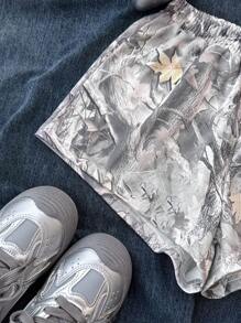 SHEIN TEENGIRL Summer Casual Camo Tree Branch Print Shorts