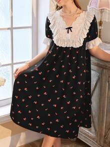 CottageSlumber Contrast Ruffle Trim Cherry Print Bubble Short Sleeve Women Nightgown Babydoll Holiday Season, Vacation