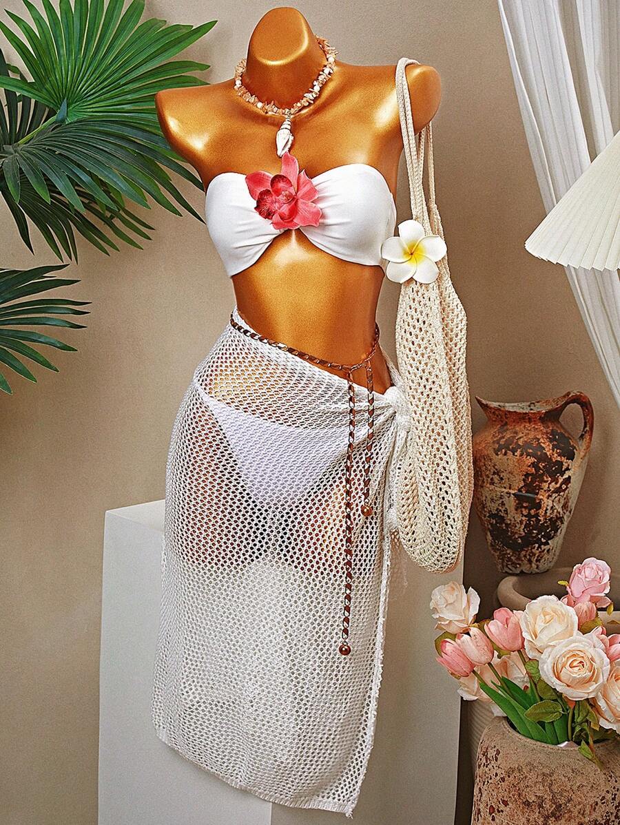 Sunnyshic Elastischer, 3D-Blumen-verzierter kurzer Bustier-Top - Weiss - Übersicht 1