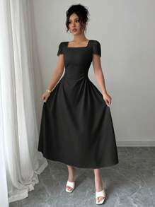 Elenzga Vestido midi elegante de mujer con manga abullonada, cuello redondo, cintura marcada y silueta estilizada, ideal para paseos, vacaciones y tardes de té, en primavera/verano